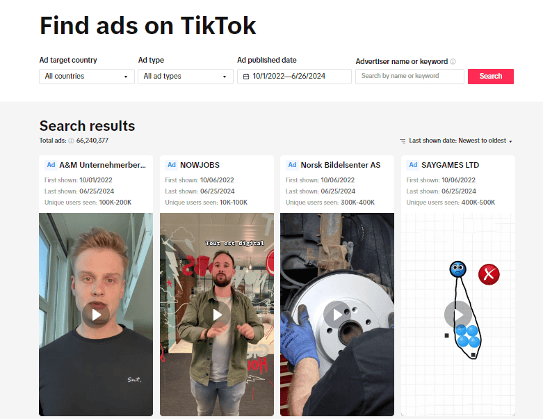 tiktok ads library interface