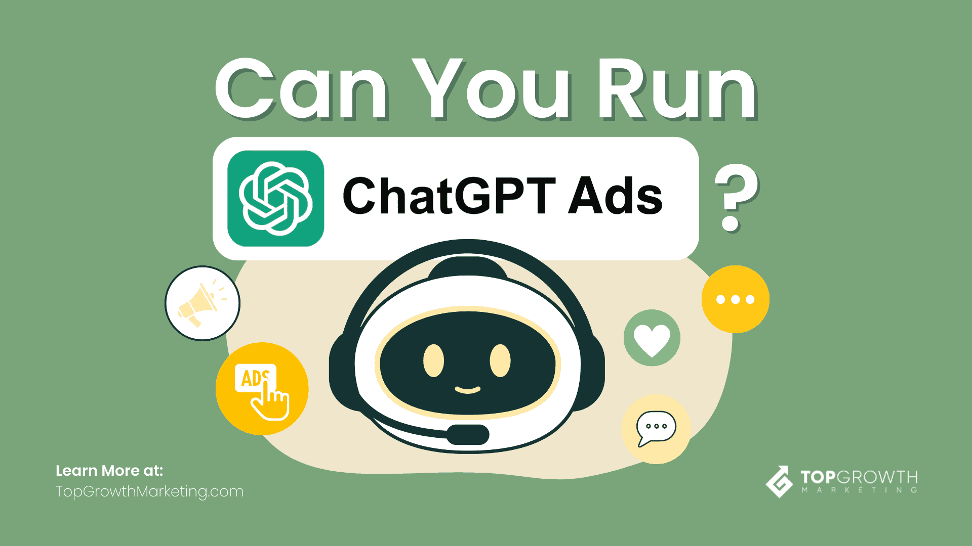 Illustration of ChatGPT Ads with a robot mascot and marketing icons.