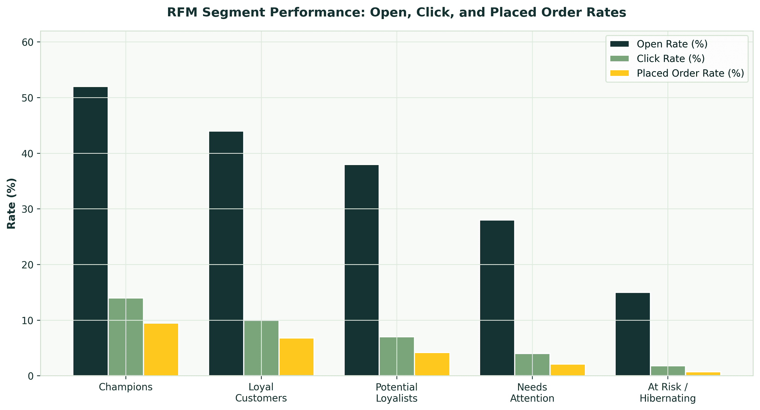 RFM Segment Email Performance - Open Click and Placed Order Rates