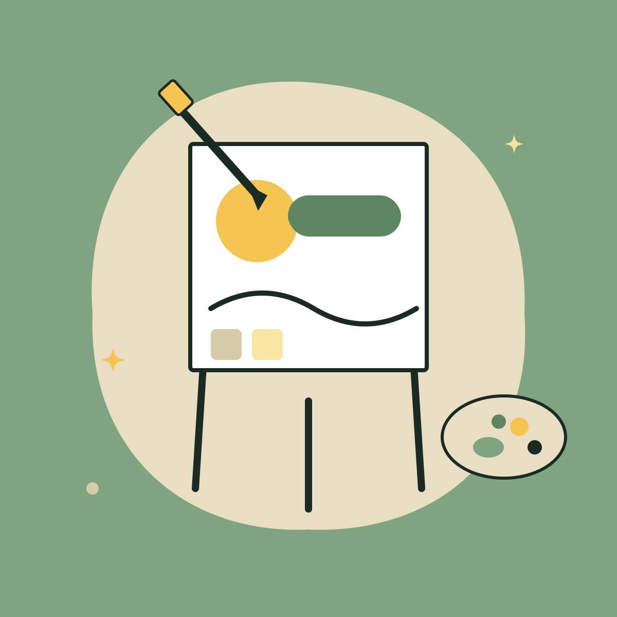 Ecommerce Creative Strategy | Top Growth Marketing Flat illustration of creative strategy — artist's easel with an abstract composition and paint palette, representing Top Growth Marketing's ecommerce creative strategy service.