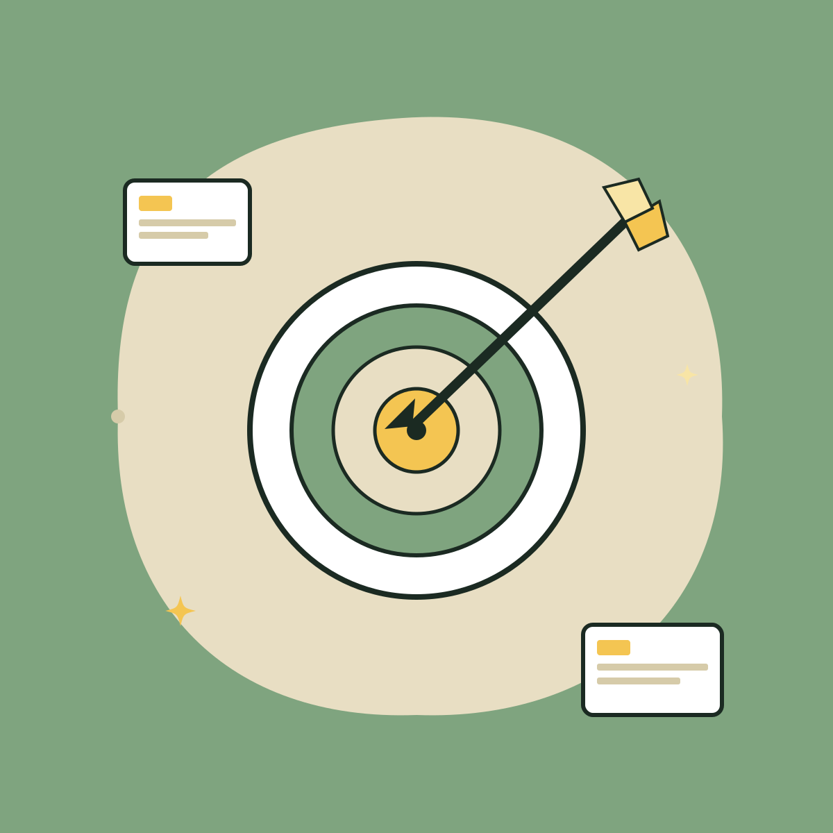 Flat illustration of paid media advertising — arrow striking the center of a bullseye surrounded by ad cards, representing Top Growth Marketing's ecommerce paid media service.