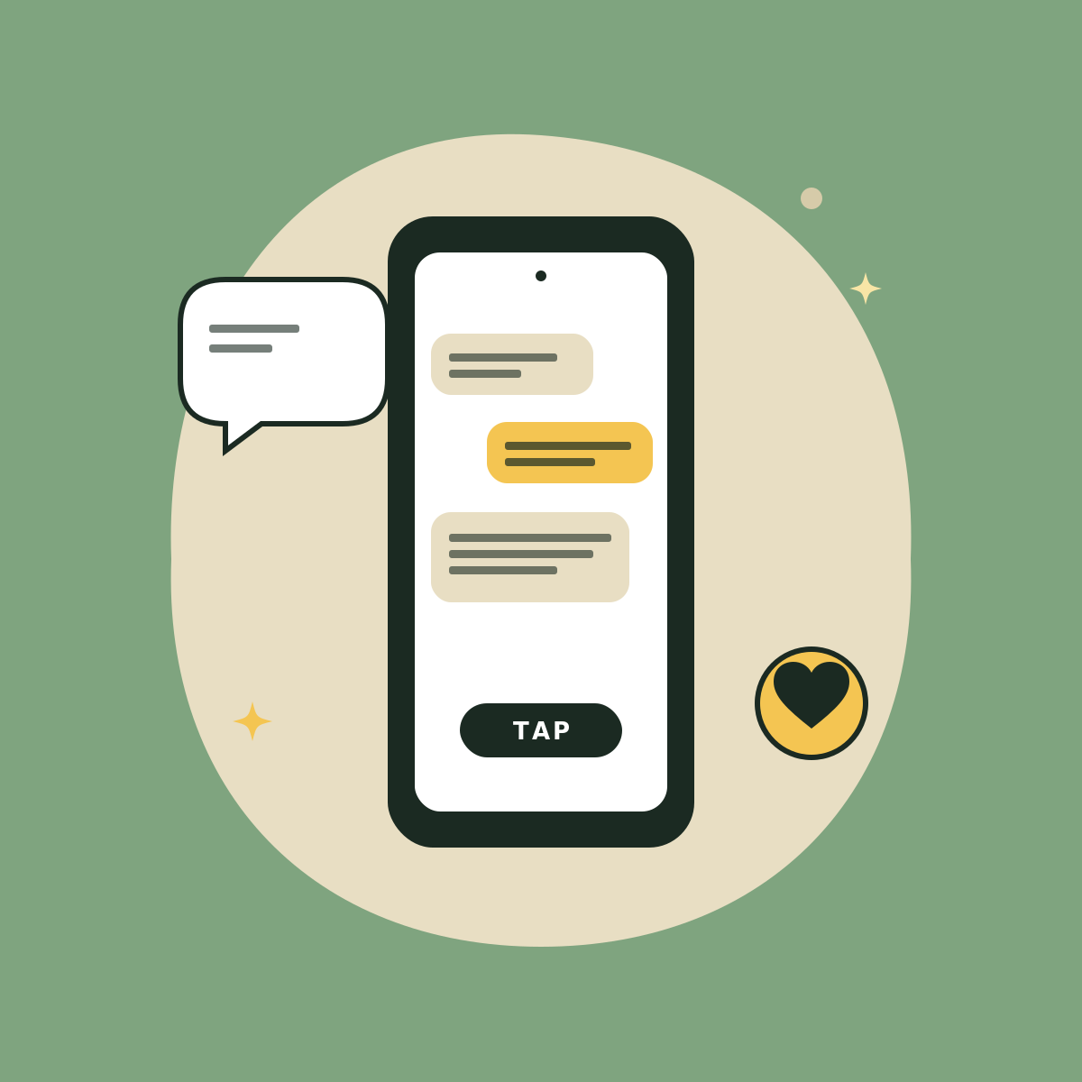 Ecommerce SMS Marketing | Top Growth Marketing Flat illustration of SMS marketing — smartphone screen showing a chat conversation with a tap call-to-action, representing Top Growth Marketing's ecommerce SMS marketing service.
