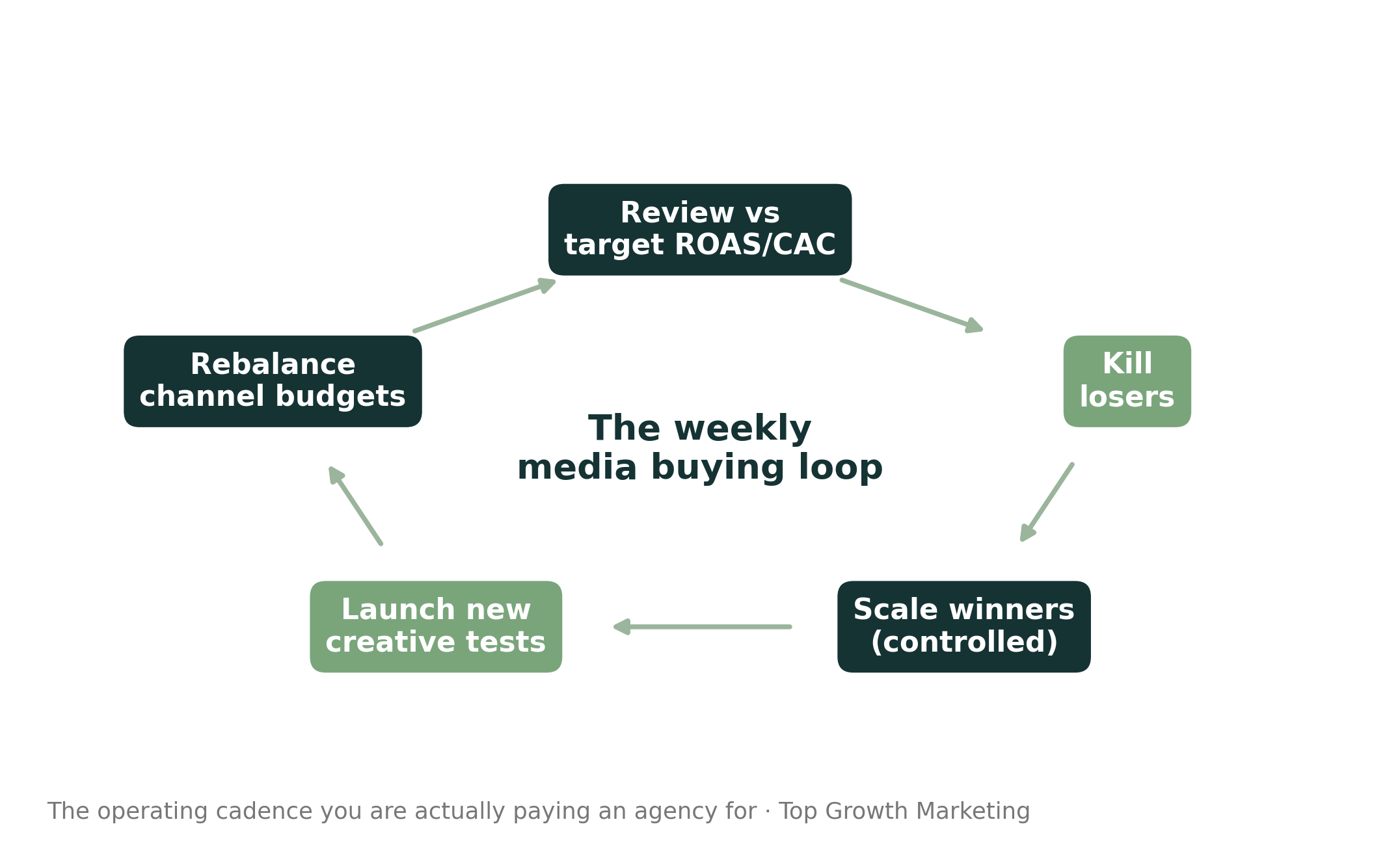 The weekly media buying optimization loop: review, kill losers, scale winners, launch creative tests, rebalance budgets