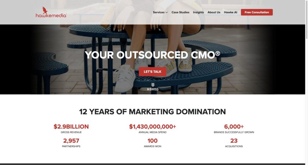 Hawke Media homepage — outsourced CMO marketing agency