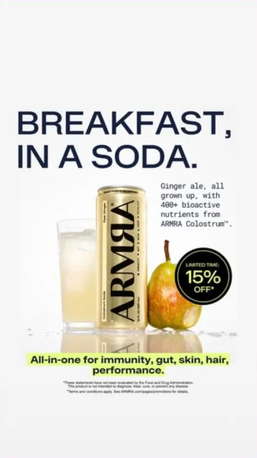 ARMRA Facebook ad - colostrum reframed as a soda with 15 percent off seal