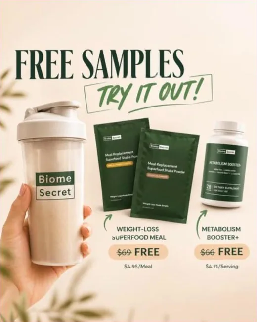 Biome Secret Facebook ad - free samples offer with struck-through prices
