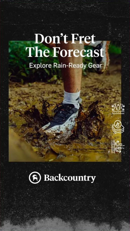 Backcountry Facebook ad - rain-ready gear seasonal creative
