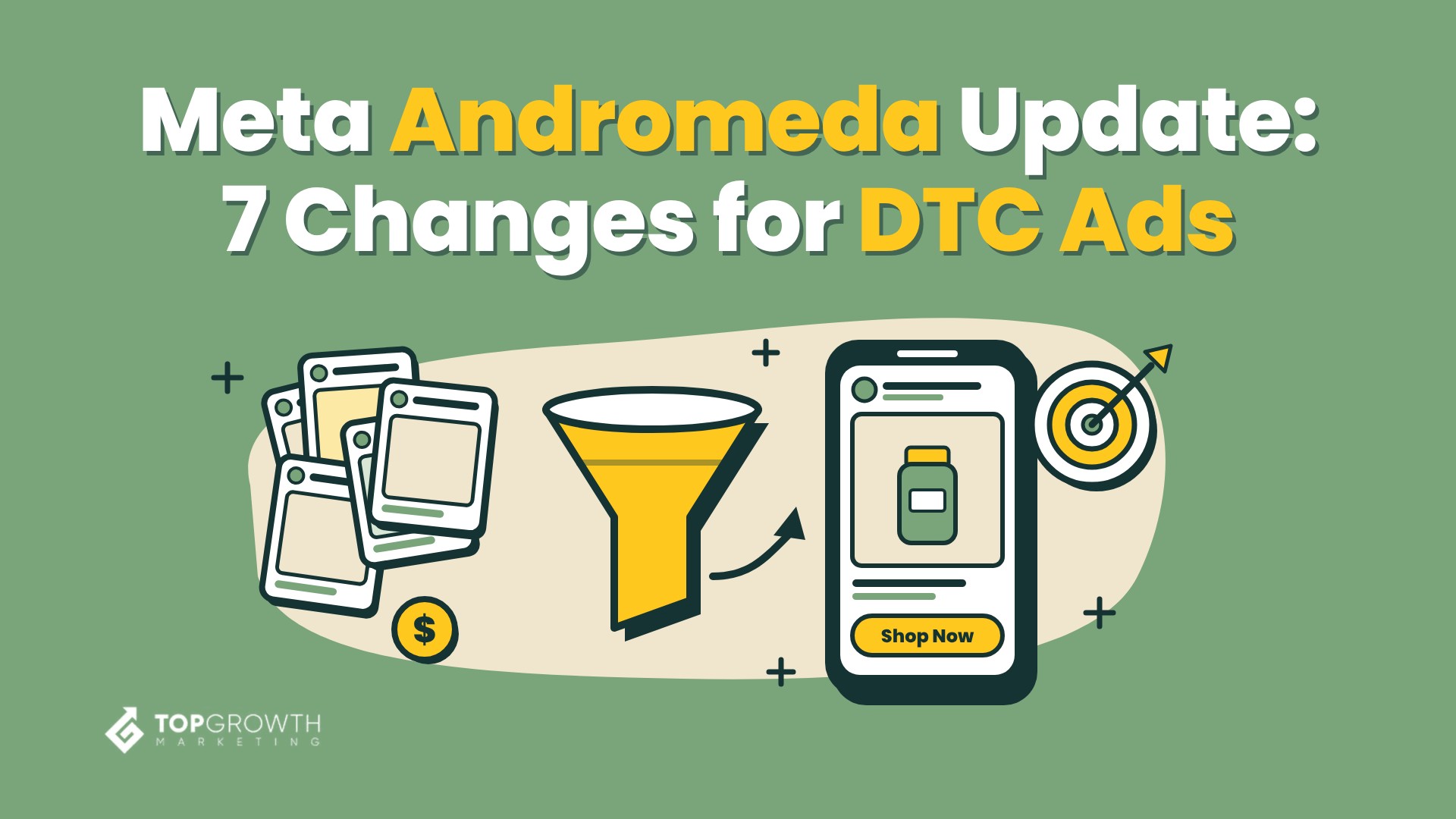 Meta Andromeda update: 7 changes for DTC ads, illustration of many ad cards filtered through a funnel to one ad on a phone